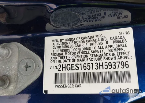 2003 Honda Civic Lx z USA, uszkodzony, nr VIN 2HGES16513H593796